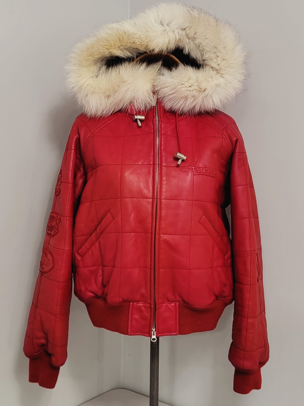 🔥 AVIREX Red Quilted Genuine Leather Bomber Jacket ✨ Fur Hood Tonal Patches L